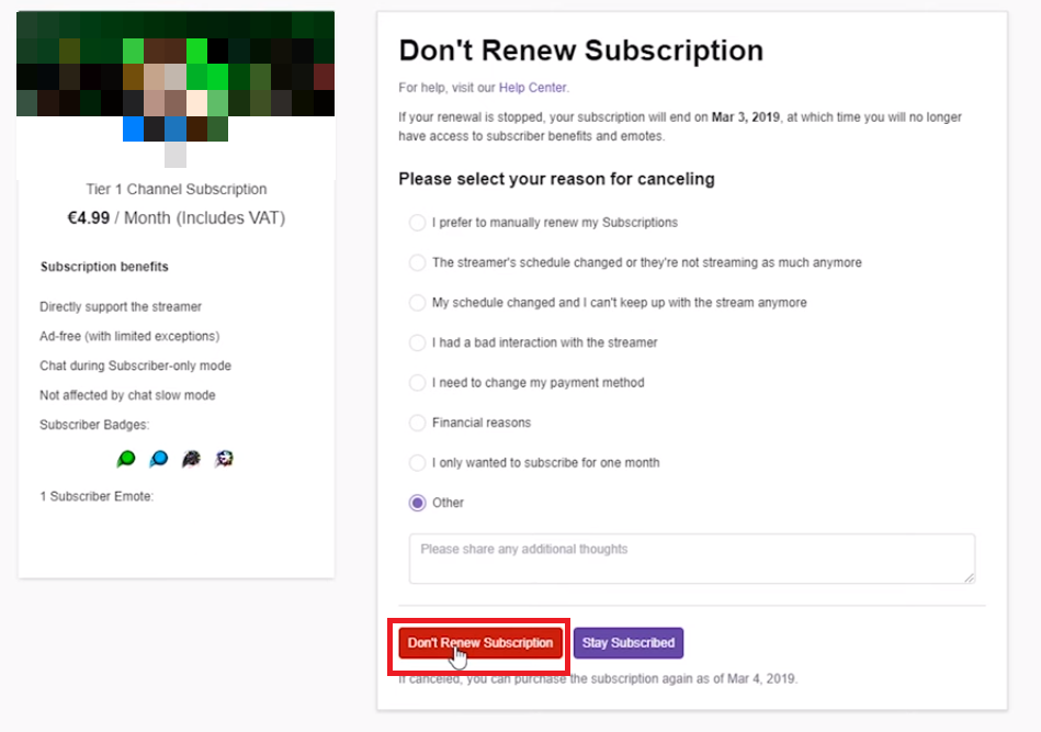 Cancel Twitch paid subscription
